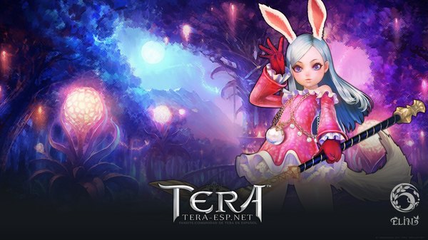 Anime picture 1920x1080 with tera online rendermax (artist) single long hair blush highres wide image animal ears animal tail loli wallpaper heterochromia girl dress gloves staff