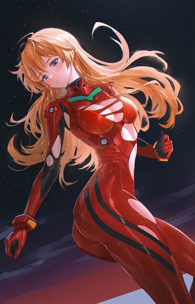 Anime picture 1223x1900 with neon genesis evangelion rebuild of evangelion evangelion: 3.0+1.0 thrice upon a time gainax soryu asuka langley mhk (mechamania) single long hair tall image blush fringe breasts blue eyes light erotic hair between eyes standing looking away cleavage ass parted lips