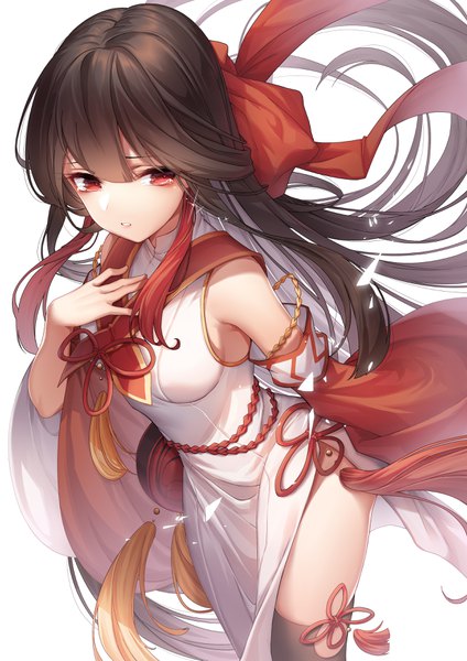 Anime-Bild 2480x3507 mit original de da xianyu single long hair tall image looking at viewer fringe highres breasts light erotic simple background hair between eyes red eyes brown hair standing white background traditional clothes parted lips multicolored hair two-tone hair