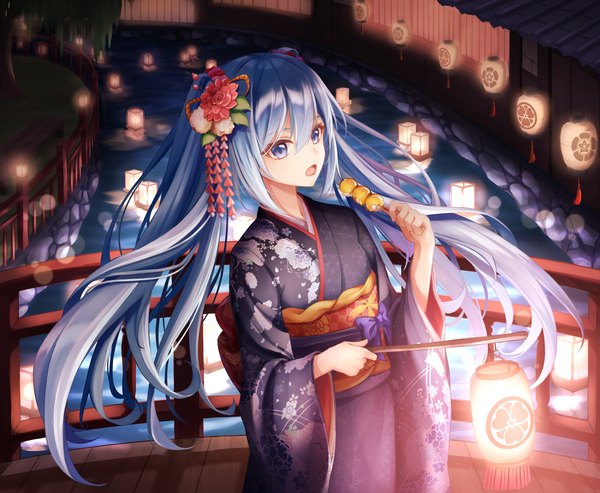 Anime picture 4147x3411 with vocaloid hatsune miku star-ring single long hair looking at viewer fringe highres open mouth blue eyes hair between eyes standing holding payot blue hair absurdres outdoors traditional clothes japanese clothes night