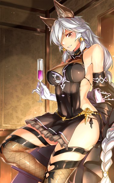 Anime picture 1000x1600 with granblue fantasy heles abo (hechouchou) single tall image blush fringe breasts light erotic red eyes sitting bare shoulders holding animal ears silver hair braid (braids) very long hair hair over one eye single braid looking down