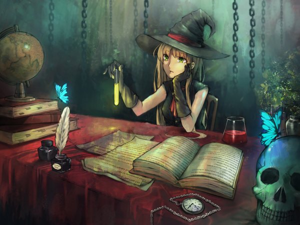 Anime picture 1400x1050 with original seafh (artist) single long hair fringe open mouth blonde hair green eyes chin rest girl gloves bow plant (plants) elbow gloves book (books) insect butterfly chain feather (feathers) witch hat