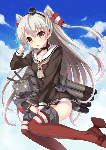 Anime picture 1000x1414 with kantai collection amatsukaze destroyer rensouhou-kun harimoji single long hair tall image blush open mouth brown eyes sky cloud (clouds) white hair two side up girl thighhighs weapon hat hair tubes sailor suit