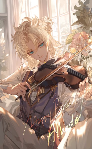 Anime picture 3087x5000 with genshin impact albedo (genshin impact) transparent (artist) single tall image highres short hair blonde hair sitting looking away absurdres indoors head tilt aqua eyes character names half updo happy birthday playing instrument boy window