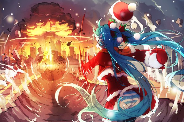 Anime picture 1200x802 with vocaloid hatsune miku qys3 single open mouth light erotic standing twintails ahoge very long hair aqua hair fur trim city christmas destruction > < waving explosion girl underwear