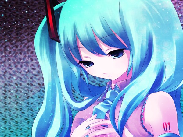 Anime picture 1280x960 with vocaloid hatsune miku fummy single long hair blue eyes twintails bare shoulders upper body nail polish aqua hair looking down girl