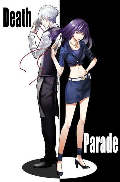 Anime-Bild 664x1000 mit death parade madhouse decim (death parade) kurokami no onna xiabo long hair tall image looking at viewer fringe short hair simple background standing white background holding purple hair full body white hair blunt bangs profile pink eyes