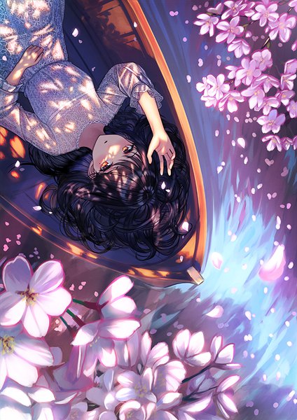 Anime picture 636x900 with original unowen single long hair tall image looking at viewer blush black hair outdoors lying arm up on back orange eyes cherry blossoms girl dress flower (flowers) petals water white dress