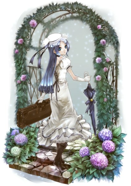 Anime picture 1753x2480 with original kininaljaguar single long hair tall image highres blue eyes blue hair looking back closed umbrella girl dress gloves flower (flowers) plant (plants) hat umbrella hydrangea suitcase