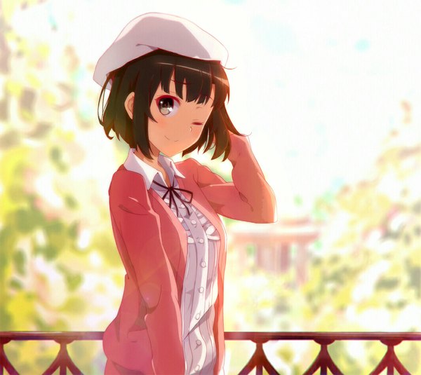 Anime picture 1063x949 with saenai heroine no sodatekata a-1 pictures katou megumi tomato (lsj44867) single blush fringe short hair smile brown hair standing brown eyes eyes closed one eye closed wink sunlight depth of field hand on head sunbeam street