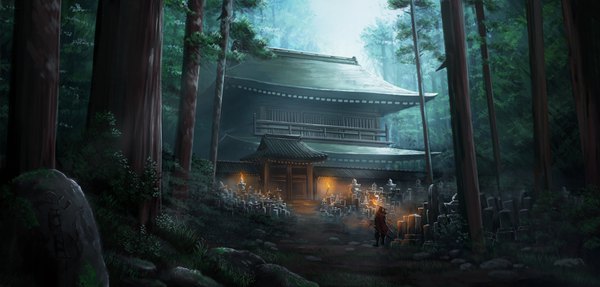 Anime picture 3840x1840 with original saito (esu) single highres wide image standing full body from behind sunlight wallpaper back hieroglyph scenic nature architecture boy weapon plant (plants) sword tree (trees)