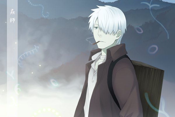 Anime picture 1200x800 with mushishi ginko chimachi single fringe short hair green eyes upper body white hair hair over one eye copyright name looking up smoke open collar smoking boy tree (trees) forest backpack cigarette