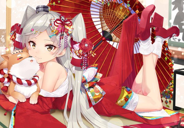 Anime picture 2048x1432 with kantai collection amatsukaze destroyer nezumidoshi single long hair looking at viewer blush fringe highres smile bare shoulders yellow eyes silver hair full body indoors lying nail polish traditional clothes japanese clothes high heels