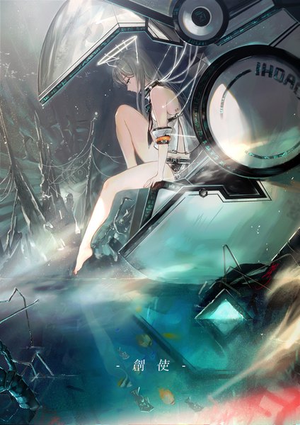 Anime picture 1013x1433 with original hoojiro single long hair tall image sitting bare shoulders green eyes full body bent knee (knees) profile barefoot grey hair arm support hieroglyph looking down girl water shorts short shorts