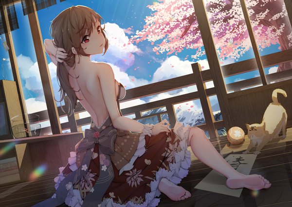 Anime picture 4093x2894 with original wzwj4738 single long hair fringe highres red eyes brown hair sitting bare shoulders holding payot absurdres sky cloud (clouds) full body barefoot sunlight bare legs cherry blossoms