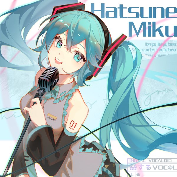 Anime picture 1000x1000 with vocaloid hatsune miku indai (3330425) single long hair fringe open mouth hair between eyes twintails looking away :d aqua eyes from above aqua hair character names girl detached sleeves microphone