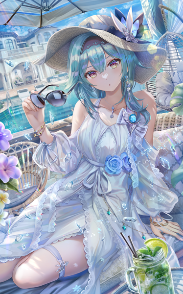 Anime picture 5297x8497 with genshin impact eula lawrence torino aqua single long hair tall image looking at viewer fringe highres open mouth hair between eyes sitting purple eyes bare shoulders holding blue hair absurdres sky cloud (clouds) outdoors