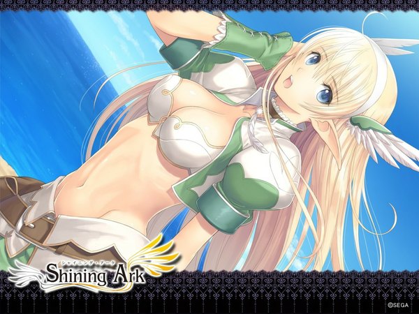 Anime picture 1024x768 with shining (series) shining ark elwing tony taka single long hair looking at viewer fringe breasts open mouth blue eyes light erotic blonde hair sky cleavage wind pointy ears inscription bare belly puffy sleeves