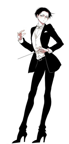 イラスト 581x1200 と 進撃の巨人 プロダクション・アイジー リヴァイ eyokiki ソロ 長身像 赤面 短い髪 青い目 黒髪 simple background 白背景 looking away 全身 high heels 男性 蝶ネクタイ スーツ