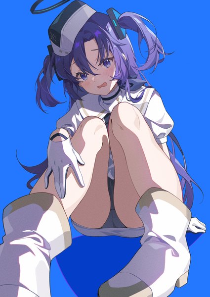 Anime picture 1075x1518 with blue archive yuuka (blue archive) hoshiko (419401x) single long hair tall image fringe open mouth light erotic simple background hair between eyes sitting purple eyes purple hair two side up official alternate costume blue background utnapishtim operator uniform (blue archive) girl gloves