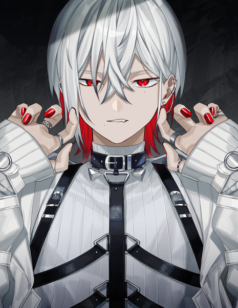 Anime picture 2400x3100 with original iyo (iyoo) single tall image looking at viewer fringe highres short hair simple background hair between eyes red eyes silver hair upper body long sleeves nail polish multicolored hair mole mole under eye piercing black background