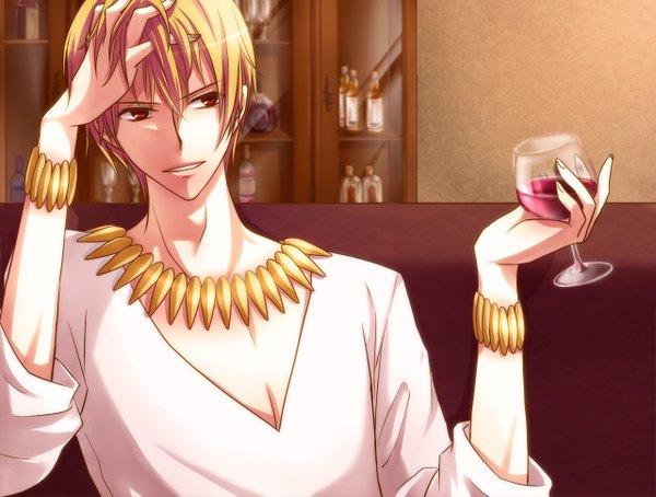 Anime picture 1280x970 with fate (series) fate/zero type-moon gilgamesh (fate) tagme (artist) single short hair open mouth blonde hair smile red eyes boy jewelry wine glass wine gold
