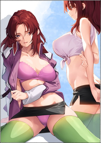 Anime picture 1300x1833 with mobile suit gundam gundam seed sunrise (studio) flay allster kei (soundcross) long hair tall image blue eyes light erotic red hair open clothes spread legs multiview holding arm girl thighhighs skirt underwear panties miniskirt