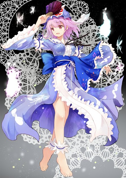 Anime picture 710x1000 with touhou saigyouji yuyuko efe single tall image blush short hair open mouth looking away pink hair pink eyes barefoot wind girl insect butterfly bonnet fan