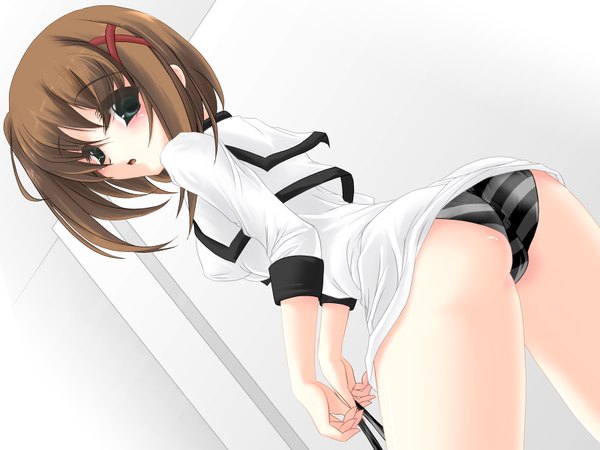 Anime picture 1600x1200 with mahou shoujo lyrical nanoha yagami hayate tagme (artist) blush highres short hair open mouth light erotic brown hair green eyes ass looking back wallpaper bent over girl underwear panties x hair ornament