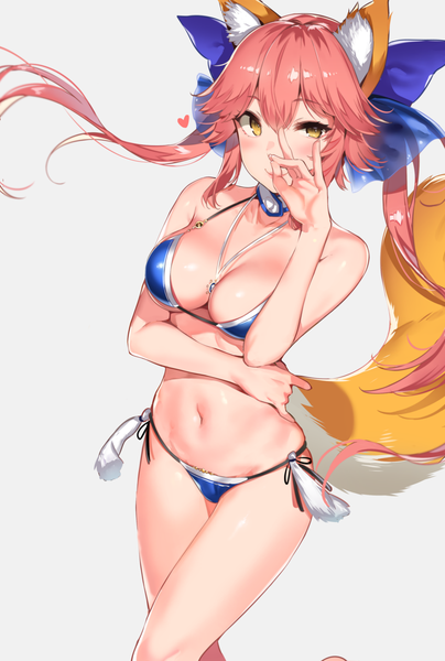 Anime picture 1200x1779 with fate (series) fate/extra tamamo (fate) (all) tamamo no mae (fate) yuran (cozyquilt) single long hair tall image looking at viewer blush fringe breasts light erotic simple background hair between eyes large breasts standing twintails bare shoulders animal ears