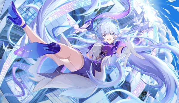 Anime picture 7111x4093 with honkai: star rail honkai (series) robin (honkai: star rail) bupa chila single long hair looking at viewer fringe highres open mouth smile hair between eyes wide image green eyes absurdres sky silver hair cloud (clouds) full body :d