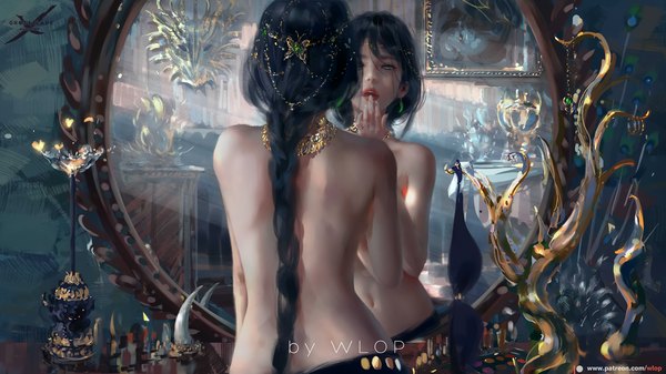 Anime picture 1892x1063 with ghost blade aeolian wlop single long hair highres open mouth light erotic black hair wide image standing bare shoulders green eyes signed upper body indoors braid (braids) :d arm up lips