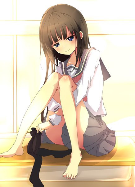 Anime picture 1696x2336 with odamanoe single long hair tall image blush blue eyes black hair smile sitting barefoot bare legs girl skirt uniform school uniform socks black socks desk