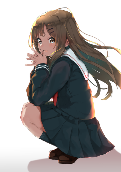 Anime picture 2894x4093 with original mugcup single long hair tall image blush highres simple background brown hair white background brown eyes full body wind shadow squat hand to mouth hands clasped girl uniform serafuku