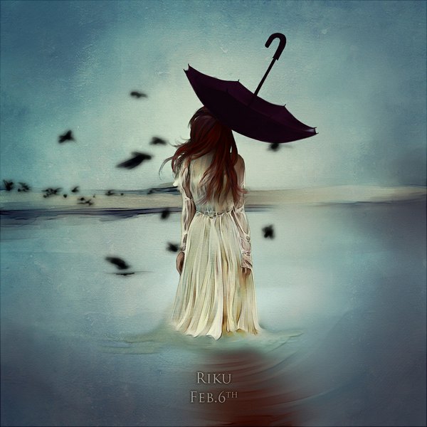 Anime picture 1000x1000 with original riku (author) single long hair brown hair standing sky from behind inscription girl dress animal water bird (birds) umbrella