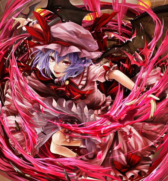 Anime picture 1000x1075 with touhou remilia scarlet kazabana fuuka single tall image short hair open mouth red eyes purple hair teeth fang (fangs) girl dress bow ribbon (ribbons) wings bonnet bat