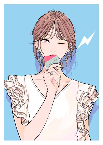 Anime picture 2000x2828 with original kko (um7mr) single tall image looking at viewer highres short hair simple background brown hair brown eyes upper body one eye closed shadow blue background eating girl earrings food sweets ring