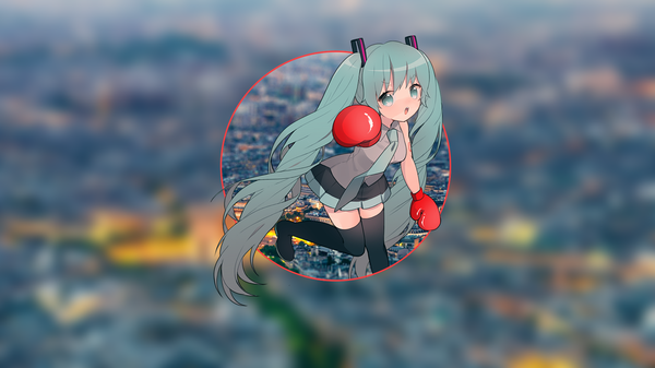 Anime picture 1600x900 with vocaloid hatsune miku uttao single looking at viewer blush open mouth wide image twintails very long hair aqua eyes aqua hair wallpaper city cityscape photo background girl necktie boots thigh boots