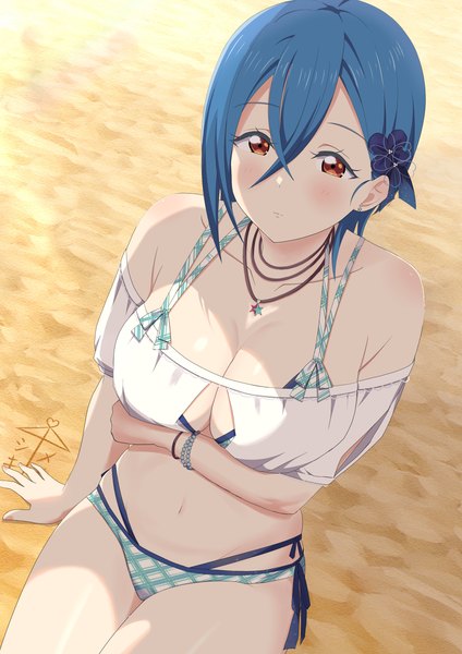 Anime picture 2894x4093 with hello!!! love live! sunrise (studio) love live! wakana shiki zanpon single tall image looking at viewer blush fringe highres short hair breasts light erotic hair between eyes red eyes large breasts sitting blue hair outdoors