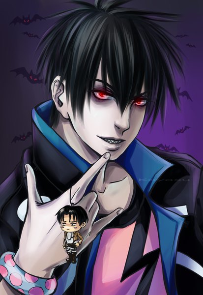 Anime picture 2941x4269 with shingeki no kyojin blood lad production i.g brains base (studio) levi (rivaille) charlie blood staz tagme (artist) tall image looking at viewer highres short hair black hair red eyes black eyes multiple boys teeth sharp teeth crossover boy jacket