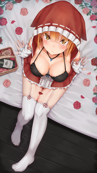 Anime picture 902x1600 with original reinama single tall image looking at viewer blush fringe short hair breasts light erotic hair between eyes large breasts sitting cleavage full body from above orange hair arm support orange eyes no shoes