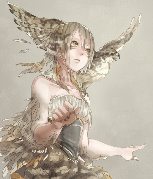 Anime picture 1460x1702 with original mizutamari tori single tall image fringe short hair simple background bare shoulders yellow eyes looking away grey hair grey background tattoo close-up face paint girl dress animal bird (birds) feather (feathers)
