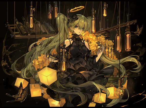 Anime picture 800x594 with vocaloid hatsune miku saberiii single fringe blue eyes hair between eyes twintails bare shoulders holding very long hair nail polish parted lips hair flower green hair girl dress hair ornament flower (flowers) detached sleeves