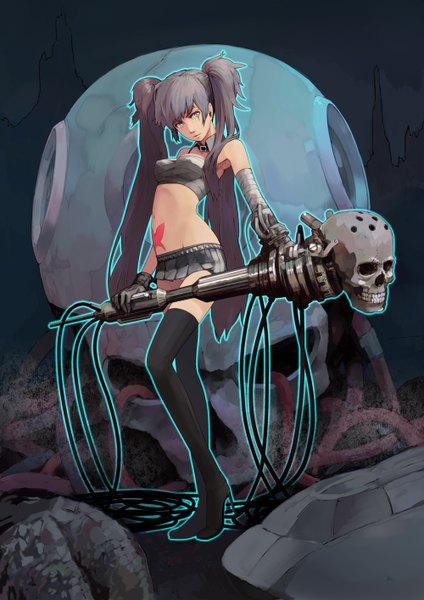 Anime picture 1000x1414 with vocaloid hatsune miku guitar (artist) single long hair tall image fringe blue eyes standing twintails bare shoulders holding purple hair pleated skirt tattoo high heels glowing face paint mechanical mechanical parts