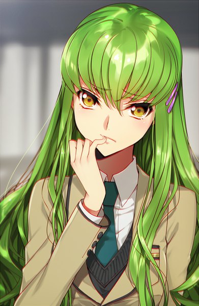 Anime picture 600x920 with code geass sunrise (studio) c.c. creayus single long hair tall image looking at viewer blush fringe hair between eyes yellow eyes upper body long sleeves green hair blurry depth of field finger to mouth girl uniform