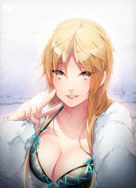 Anime picture 706x973 with world trigger toei animation izumi kouhei pepper fever single long hair tall image looking at viewer blush fringe breasts light erotic simple background blonde hair yellow eyes cleavage upper body parted lips fingernails open clothes