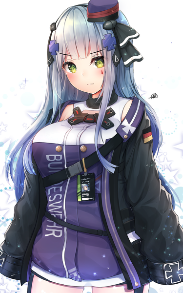Anime picture 1000x1600 with girls frontline hk416 (girls frontline) hiromaster sinta jh single long hair tall image looking at viewer blush fringe breasts simple background large breasts standing white background green eyes signed silver hair blunt bangs long sleeves head tilt