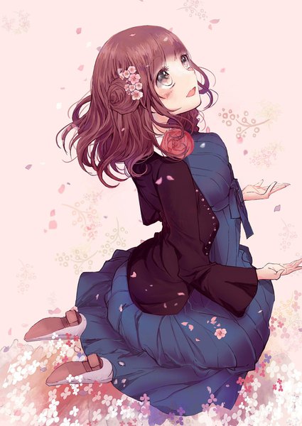 Anime picture 1200x1694 with amnesia idea factory heroine (amnesia) motyaaaaaaa single tall image blush short hair open mouth brown hair yellow eyes hair flower happy looking up girl dress hair ornament petals shoes