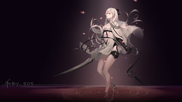 Anime picture 1920x1080 with drakengard zero (drag-on dragoon) sos (406491521) single long hair highres breasts light erotic red eyes wide image standing holding signed looking away bent knee (knees) white hair bare legs legs reflection center opening