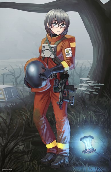 Anime picture 1650x2550 with stalker (game) ndtwofives single tall image fringe short hair open mouth hair between eyes standing signed looking away full body outdoors grey hair grey eyes twitter username helmet removed holding helmet ukrainian girl